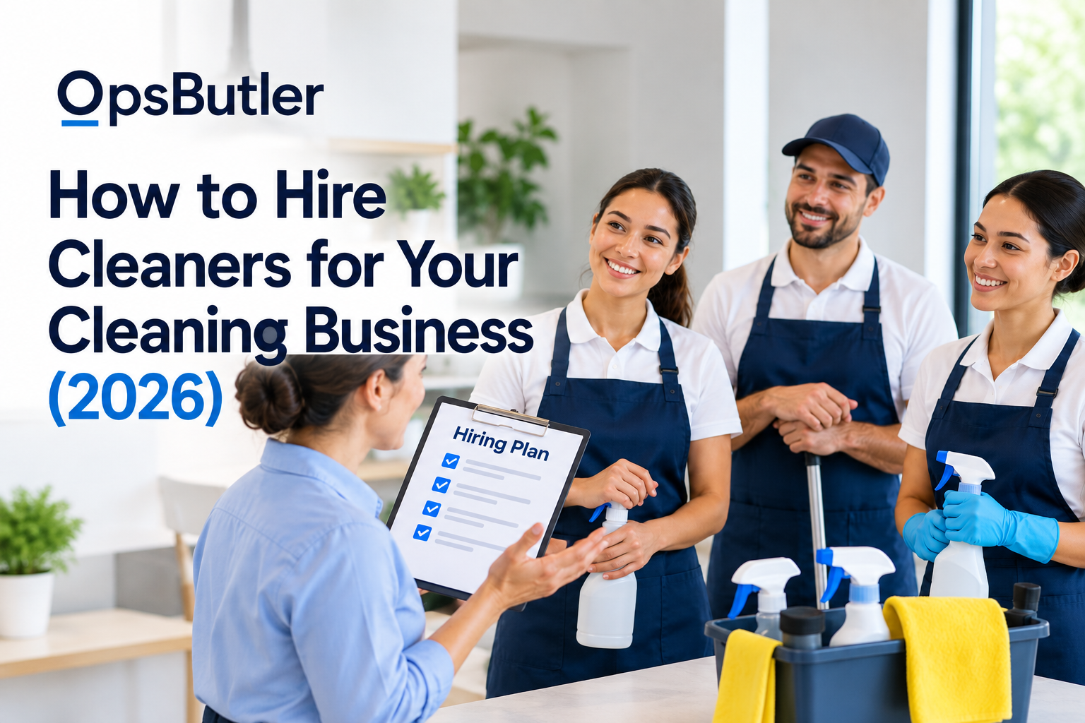 Cleaning business owner discussing a hiring plan with a team of professional cleaners
