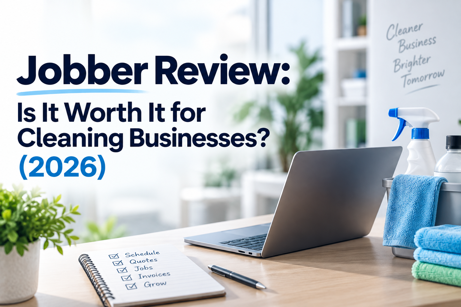 Jobber review for cleaning businesses with laptop and professional cleaning supplies