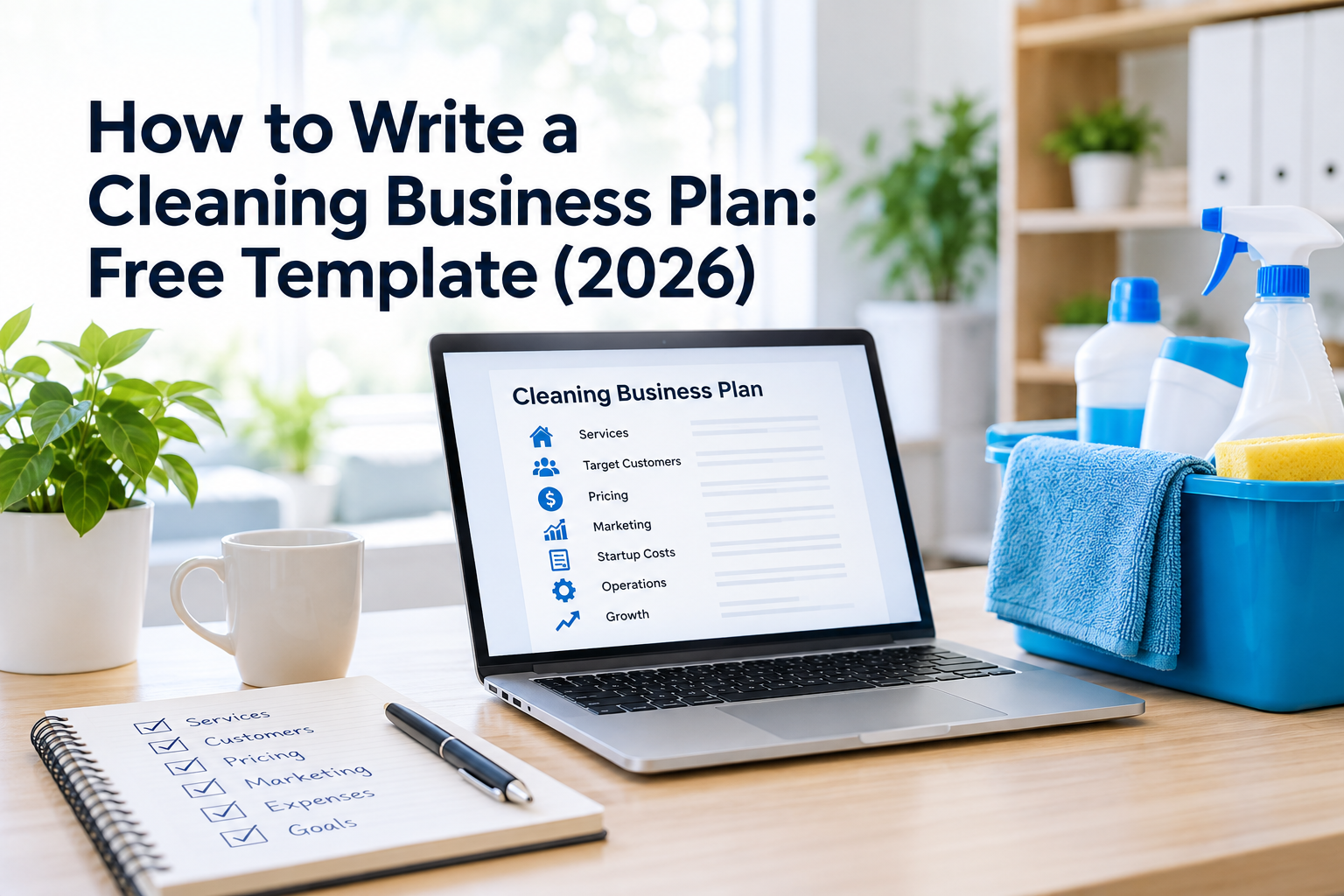 Cleaning business plan template with services, pricing, marketing, expenses, and growth planning