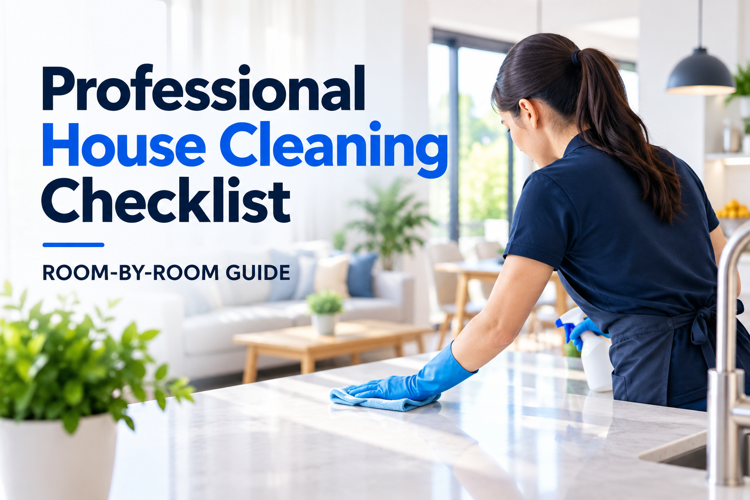Professional house cleaning checklist with a cleaner wiping a kitchen counter room by room