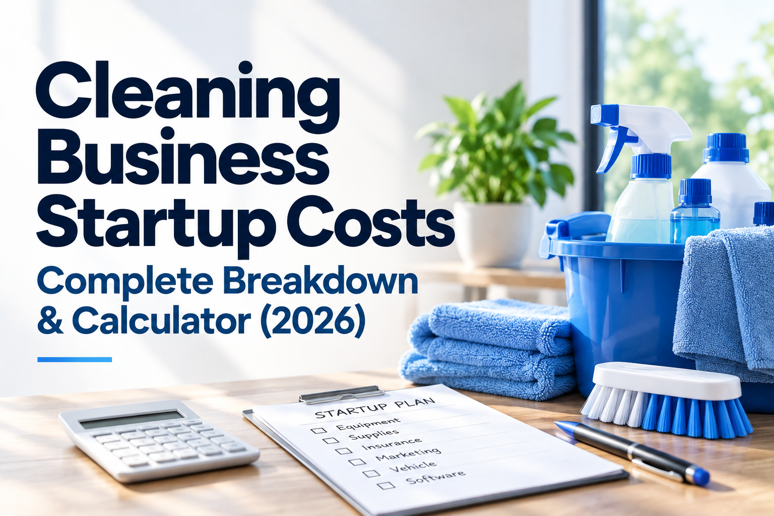 Cleaning business startup costs with cleaning supplies, calculator, and startup planning checklist
