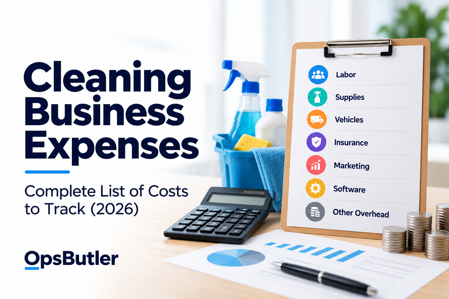 Cleaning business expenses guide showing labor, supplies, vehicles, insurance, marketing, software, and other overhead costs