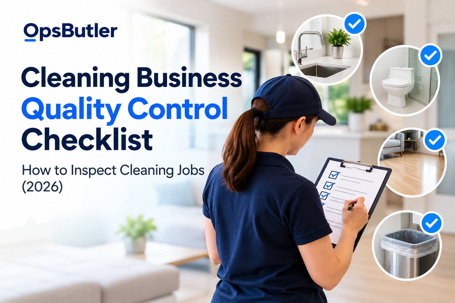 Cleaning business quality control checklist showing a cleaner inspecting a property with a clipboard and checking key cleaning areas.