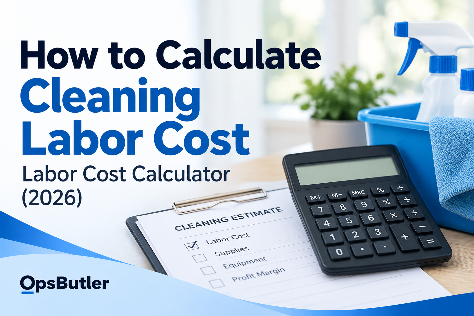 Cleaning labor cost calculator with cleaning supplies, calculator, and labor cost estimate for a cleaning business.