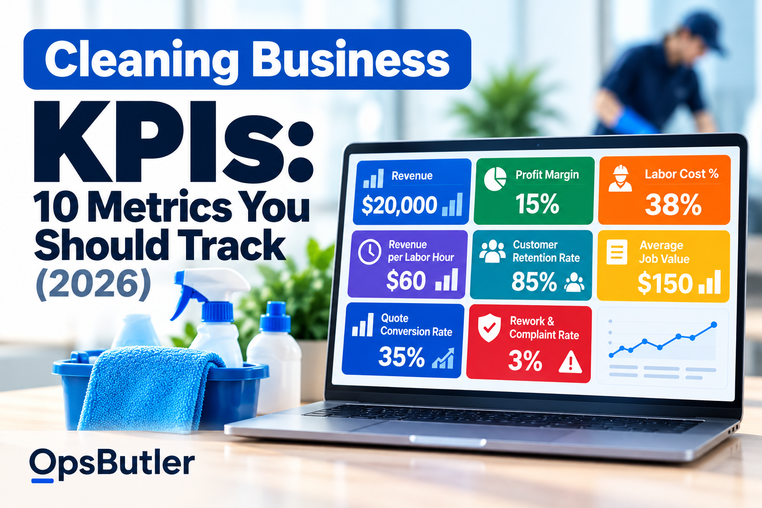 Cleaning business KPIs dashboard showing revenue, profit margin, labor cost, customer retention, and other key performance metrics.