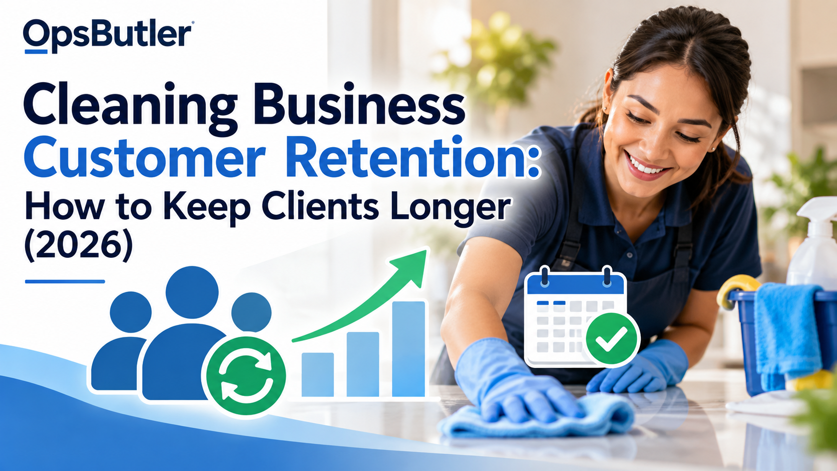 Cleaning business customer retention showing a professional cleaner, recurring customers, and growth metrics for keeping clients longer.