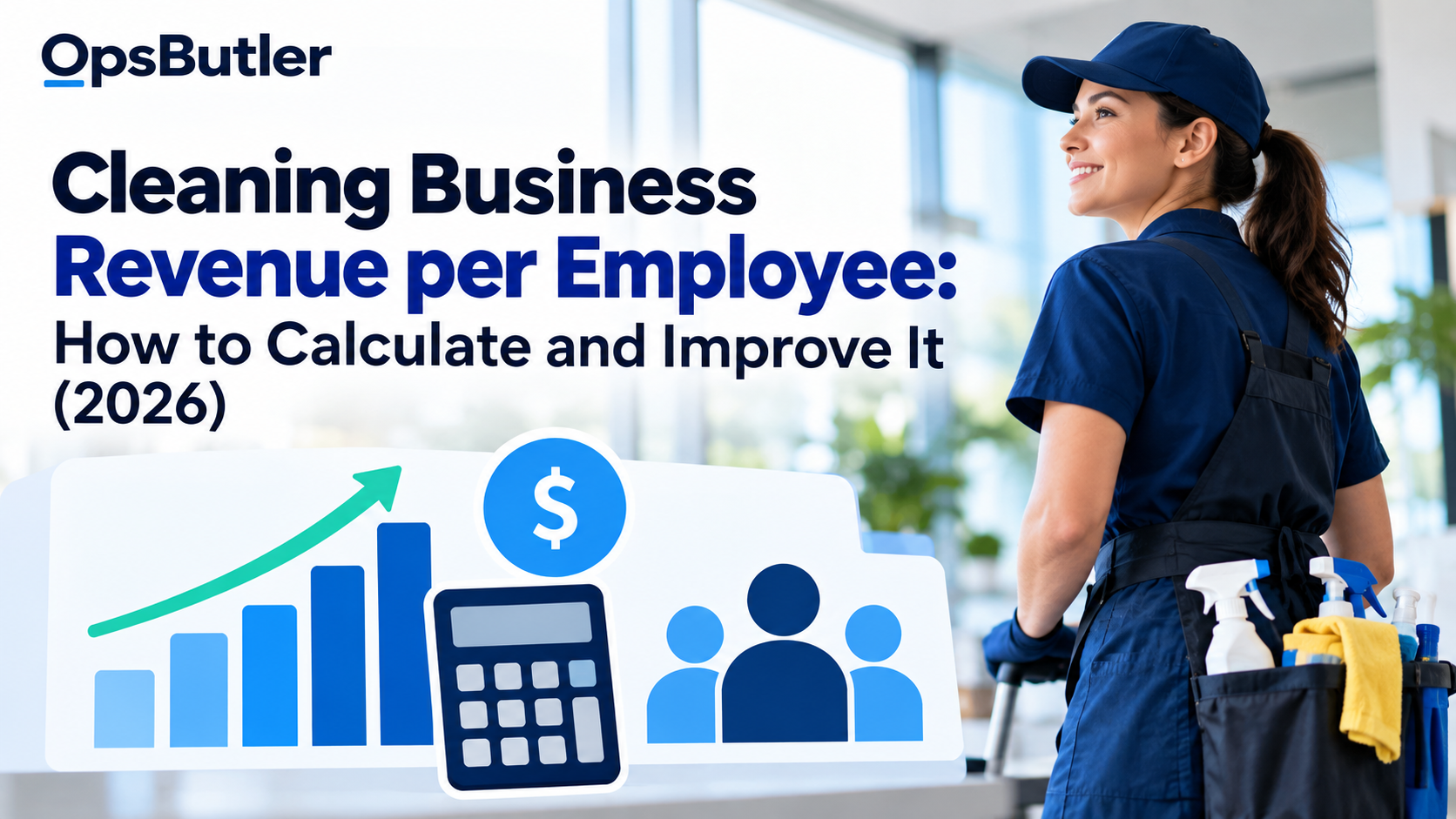 Cleaning business revenue per employee showing a cleaner, revenue growth chart, calculator, and employee team.