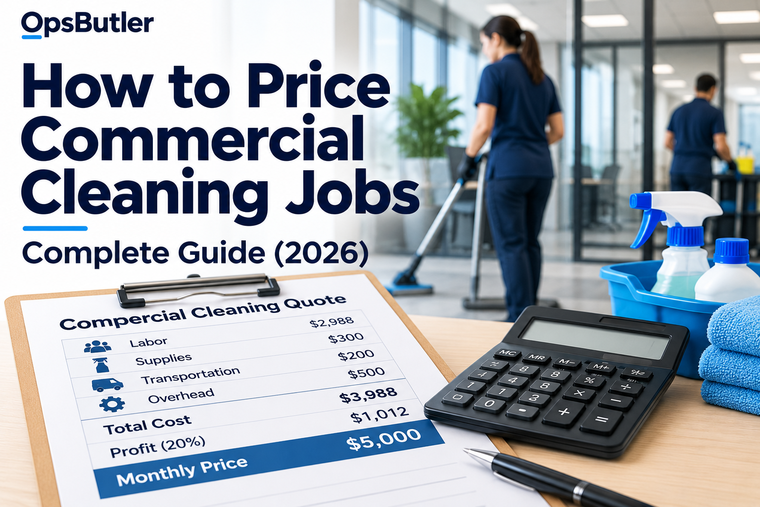 How to price commercial cleaning jobs using labor, supplies, overhead, profit margin, and monthly pricing