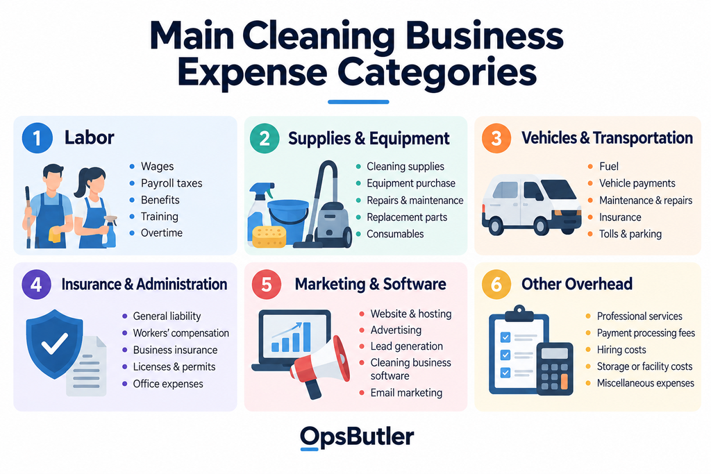 Main cleaning business expense categories including labor, supplies, vehicles, insurance, marketing, software, and overhead