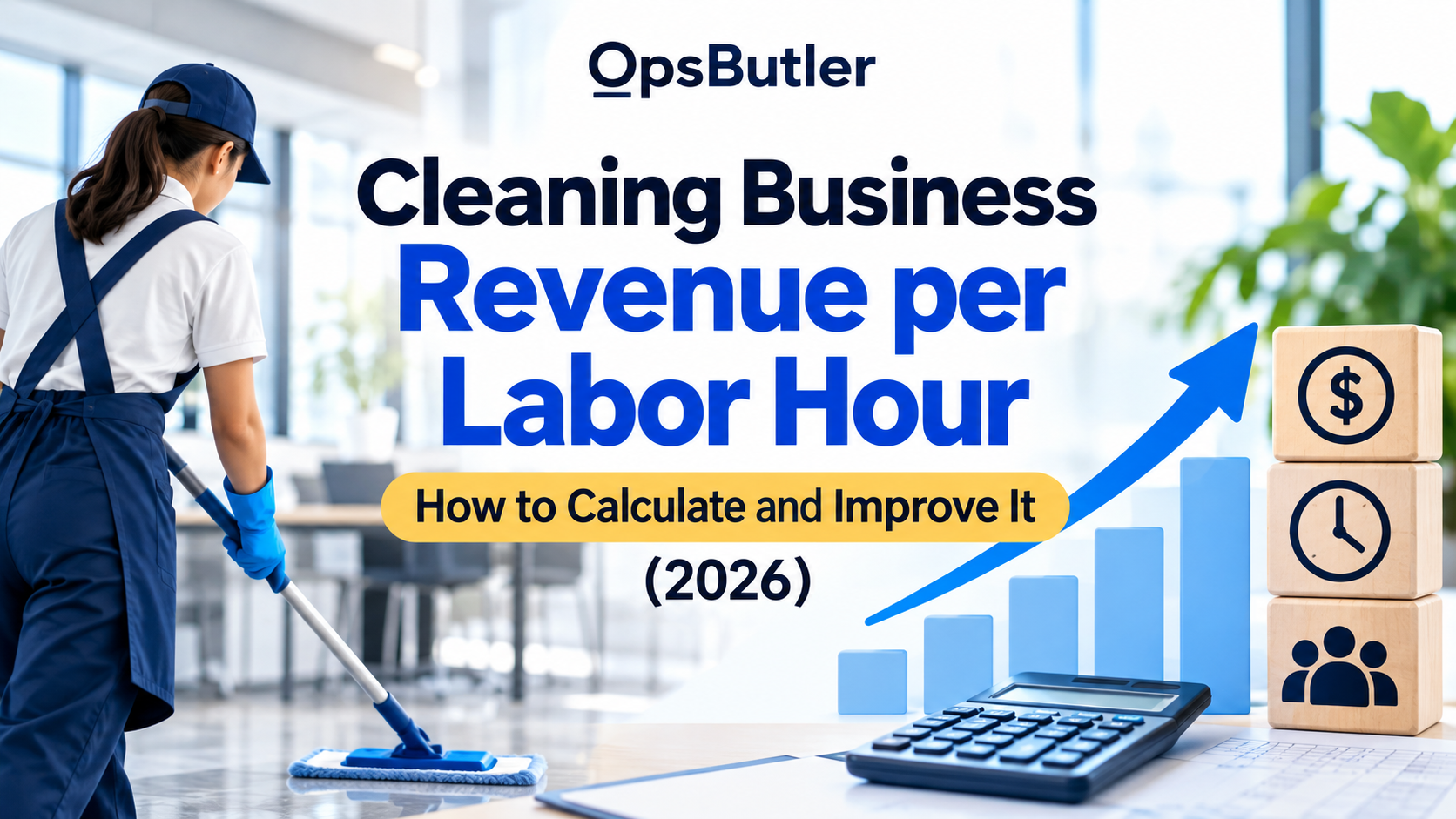 Cleaning business revenue per labor hour showing a cleaner, revenue growth chart, calculator, labor time, and business revenue.